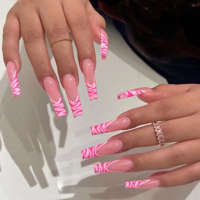 WPR Spring New Grace Pink Swirl French Acrylic XXL Straight Square Coffin Nails Finger Coffin Nails Designer Nails Nailart Fake Nails 24 Press on Nails Kit with Nail Glue Stickers