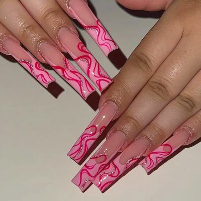 WPR Factory Supply XXL Straight Square Pink Swirl French Nails Press On Nailart 