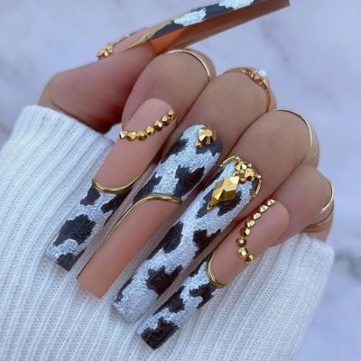 WPR New Instagram 45mm XXL Straight Square Gold Drill Cow Pink French Coffin Nails Acrylic Nails Nailart 12size 24 Reusable Press on Fake nails kit with glue Custom logo package