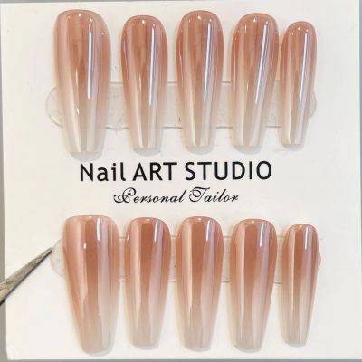 2024 WPR Pink Ombre Long Ballerina Hand-made Nails XS S M Cat Eye Press On Nails Design Artificial Fingernails Nailart 5 Size 10 Press on Nails Kit with Display Logo Card