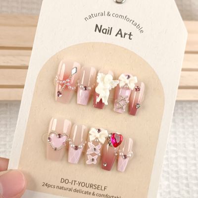 WPR New Arrival Luxury XS S M Pink Love Heart Coffin Butterfly Bowknot Hand-made Pearl Crystal Coffin Press On Nails 10 Reusable nails Glue on Designer Diamond Acrilicnails Nailart in 5 Size 10Nail Kit Package with Transperant Box 