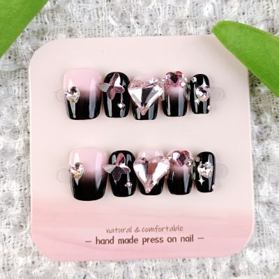 WPR Spring Fashion Listing Packing Pink Black Ombre Pink Crystal Hand-made Nails Chrome Nails Design Medium Square Nails Designer Acrilicnails Nailart Nails 5 Size 10 Press on Nails Kit with Nail Glue Package with Custom Logo Transperant Box   