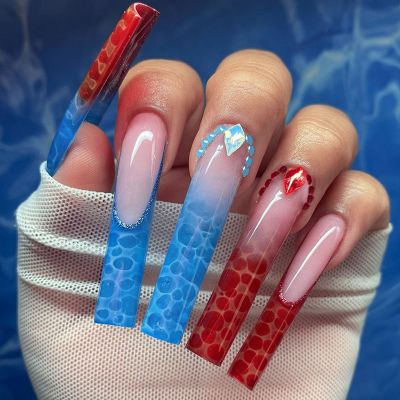 WPR Classic XXL Red and Blue Straight Square Coffin Nails hot sell nailart high quality artificial fingernails factory wholesale price manicure new design acrylic abs nails glossy french Long Nails 24 press on nails kit with glue stickers 