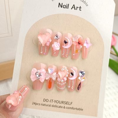 2024 WPR New Luxury Diamond Pink  Medium Coffin Nails XS S M Color  Cat Eye Press On Nails Design Medium Ballerina Artificial Fingernails Nailart 15 Size 30 Press on Nails Kit with Nail Glue Package with Display Logo Card