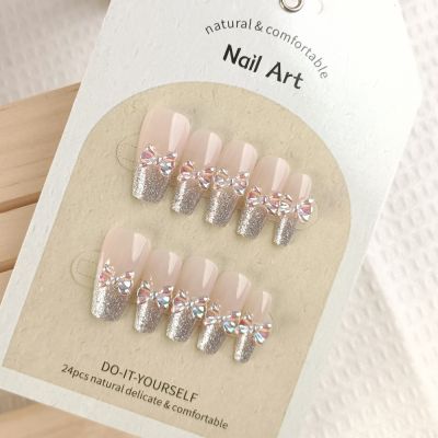 WPR New Pink Glitter French Bowknots Coffin Hand-nails Nails XS S M Nude Shinny Medium Ballerina Press On Nails Design Artificial Fingernails Nailart 5 Size 10 Press on Nails Kit with Nail Glue Package with Display Logo Card
