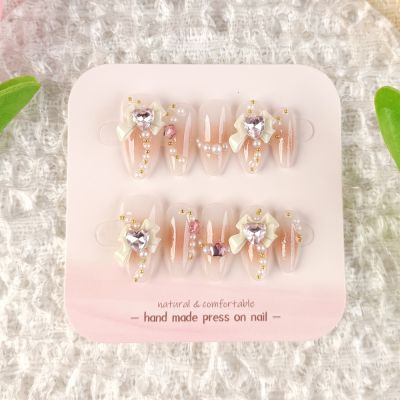 WPR Glam Pink Diamond Short Ballerina French Hand-made Nails Press On Nailart Acrilics Stick On Nails Artificial Fingernails Factory Wholesale Price Stick On Manicure Fake Nails 5 Size 10 Press-on nails kit 
