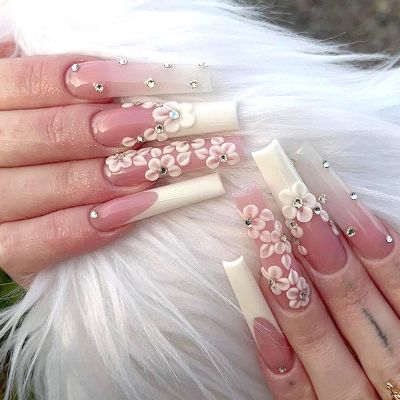 WPR New Spring Long Ballerina White Flowers French Drills Nails Long Coffin Luxury Nude Pink Acrylic Nails Long Design Geams Artificial Fingernails Nailart 12 Size 24 Reusable Nails Kit with Nail Glue Package with Custom logo box