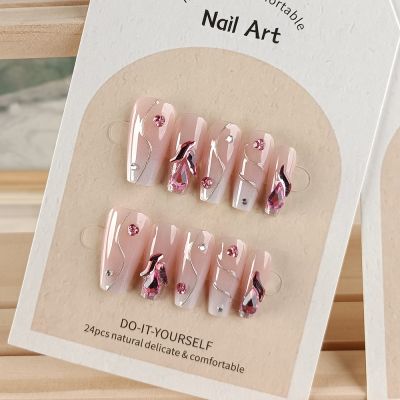 WPR Fashion Pink Ombre Geams Coffin Semi-Permanent Hand-made Nails XS S M Diamond Design Medium Coffin Press On Nails Design Medium Ballerina Artificial Fingernails Nailart 5 Size 10 Press on Nails Kit with Nail Glue Package with Listing Logo Card