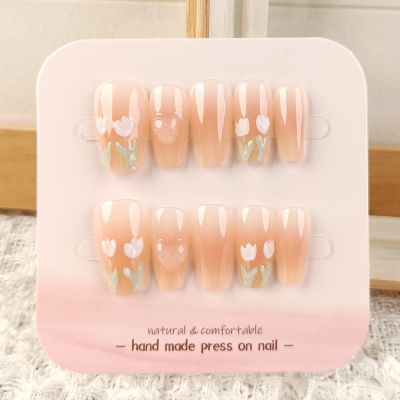 WPR Factory Supply Pink Coffin Ombre Flower Hand-made Nails XS S M Color Butterfly Medium Square Cat Eye Press On Nails Design Medium Coffin Artificial Fingernails Nailart 5 Size 10 Press on Nails Kit with Nail Glue Package with Display Logo Card