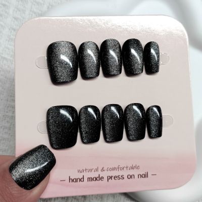 WPR Factory Supply Shinny Glitter Black Medium Square Cat Eye Nails Press On Nailart Acrilics Glue On Nails Artificial Fingernails Factory Wholesale Price Stick On Manicure French nails Tip 5 Size/10 Press-on nails hand-made kit 