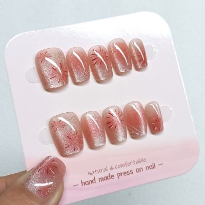 WPR New Instagram Design Pink Fireworks Cat Eye Acrylic Nails Nude Nails Glitter Reusable Square Coffin Nails Nailart 5 size 10 Press on nails kit with glue 
