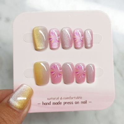 WPR New Design Hand-made Medium Square Pink Cat Eye Nails XS S M Chrome Coffin Cat Eye Press On Nails Design Medium Ballerina Artificial Fingernails Nailart 5 Size 10 Press on Nails Kit with Nail Glue Package with Display Logo Card