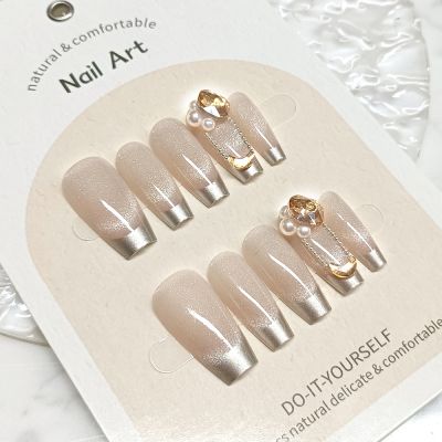 WPR New Nude Ballerina Crystal Chrome Semi-Permanent Hand-made Nails XS S M French Design Coffin Cat Eye Press On Nails Design Artificial Fingernails Nailart 5 Size 10 Press on Fake Nails Kit with Nail Glue Package Listing Logo Card