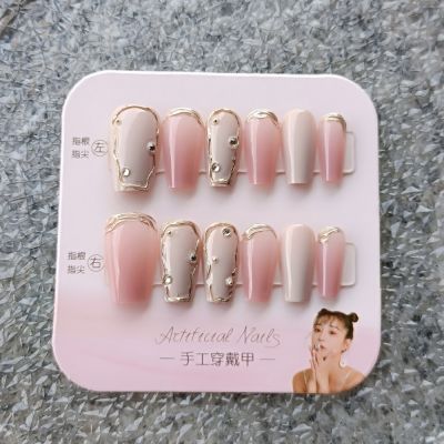 WPR Factory Suppler Pink White Geams Gold Line Glossy Geams Medium Coffin Ombre French Nails Artificial Fingernails Wholesale Price Manicure Luxury Design Diamond Nails Acrylic Finger Nails 10 Press on Nails Kit with glue stickers 