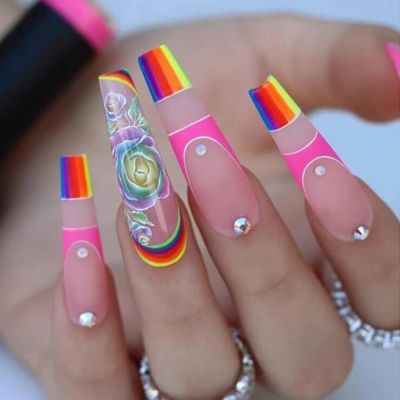 WPR New Popular Long Ballerina Rainbow French Flower Design Drill Hand-made Nails Design Nailart Trade Hot Sell Long Coffin Mate Nails 10 Press on nails kit with glue 