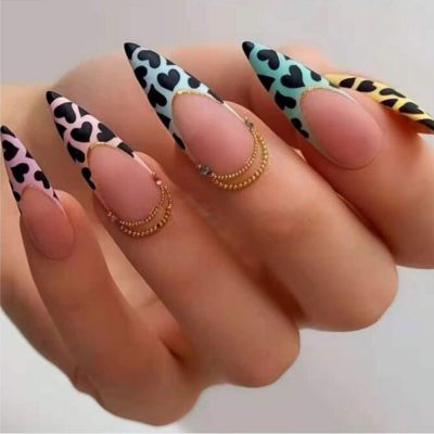WPR Instagram Colorful Leopard Heart Design French Geams Mate Almond Hand-made Nails nailart high quality artificial fingernails factory wholesale price manicure new design acrylic abs nails french 10 press on nails kit with glue stickers 