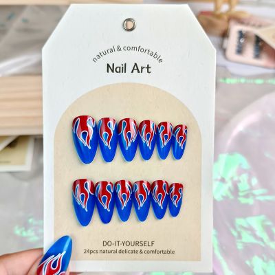 WPR Luxury Blue Red Flame Almond Design Hand-made Nails XS S M Chrome Silver Long Stiletto Cat Eye Press On Nails Design Medium Ballerina Artificial Fingernails Nailart 5 Size 10 Press on Nails Kit with Nail Glue Package with Display Logo Card