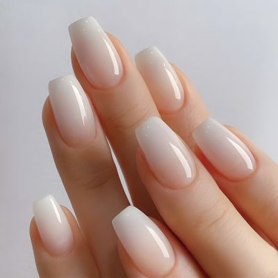 WPR Factory Cost Luxury White Pink Nude Ombre Short Coffin Square Ballerina Press on Nails Tips Acrylic Reusable Fake Nails 24 Diamond Nails Press on Glue Designer Acrilicnails Nailart Nails in 24 Nail Kit with Nail Glue 