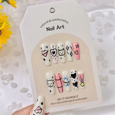 WPR Glam Cute Pink White Cartoon Design Heart Cat Dog Glossy Hand-made Instagram Acrylic Nails Chrome Nails Design Coffin Nails Designer Acrilicnails Nailart Nails 10 Press on Nails Kit with Nail Glue Package with Custom Logo Transperant Box 