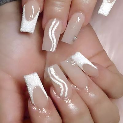 WPR New Luxury Nude White French Swirls Glitter Geams Hand-made Coffin Nails XS S M Hand-made Ballerina Press On Nails 10 Reusable nails Glue on Designer Diamond Acrilicnails Nailart in 5 Size 10Nail Kit Package with Transperant Box 