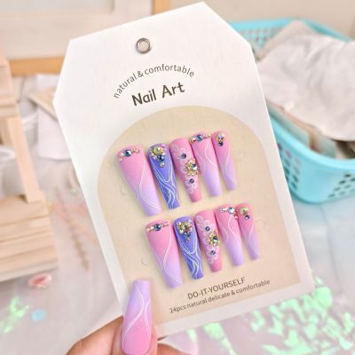WPR High Class Long Ballerina Pink Ombre Blue Swirl Rhinestone Crystal Hand-made Press on Nails 10 Reusable Press on nails Long Coffin Diamond Nails Glue on Designer Acrilicnails Nailart Pink Shinny Nails in 5 Size 10Nail Kit with Nail Glue 