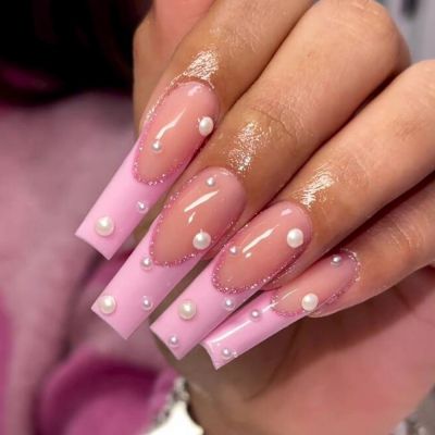 WPR Fashion Pink Long Luxury French Pearl Ballerina Coffin Semi-Permanent Hand-made Nails XS S M Diamond Press On Nails Design Medium Ballerina Artificial Fingernails Nailart 5 Size 10 Press on Nails Kit with Nail Glue Package with Listing Logo Card