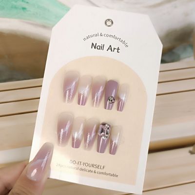 WPR Spring New Violet Glitter French Marble Crystal Coffin Hand-made Press On Nails Instagram Chrome Nails Design Ballerina Nails Designer Acrilicnails Nailart Pink French Nails 5 Size 10Press on Nails Kit with Nail Glue Package Custom Logo Package 