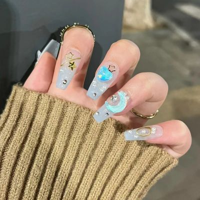 WPR New Arrival Glossy Blue Ombre Stars Moon Design Medium Coffin Hand-made Nails XS S M Luxury Geams Press On Nails 10 Reusable nails Glue on Designer Diamond Acrilicnails Nailart in 5 Size 10Nail Kit Package with High Class Transperant Box 