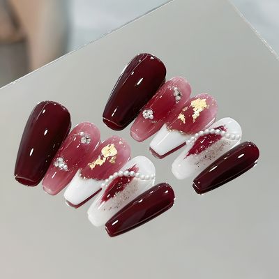 WPR New Instagram Grace Red White French Pearl Glossy Ballerina Acrylic Nails Nude Nails Glitter Reusable Square Coffin Nails Nailart 5 size 10 Press on nails kit with glue 