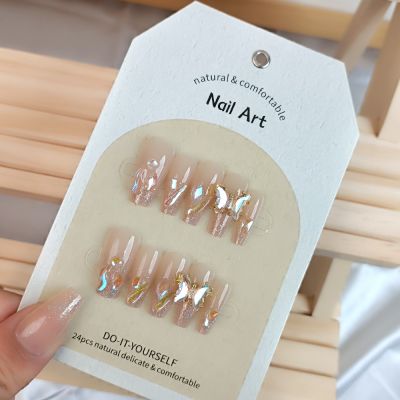 WPR New Design Nude Pink Coffin Gold Butterfly Crystal Rhinestone Hand-made Press On Nails XS S M Chrome Press On Nails Design Medium Ballerina Artificial Fingernails Nailart 5 Size 10 Press on Nails Kit with Nail Glue Package with Display Logo Card