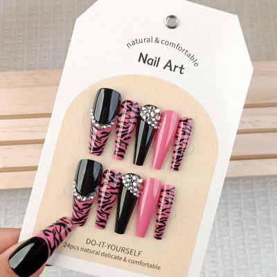 WPR New Long Ballerina Black Swirl Pink French Crystal Chrome Semi-Permanent Hand-made Nails XS S M French Design Coffin Press On Nails Design Artificial Fingernails Nailart 5 Size 10 Press on Fake Nails Kit with Nail Glue Package Listing Logo Card