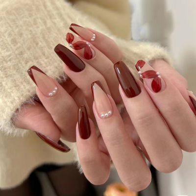 WPR New Design Red French Nude Ballerina Flower Pearl Medium Coffin Hand-made Nails Resuable Fake Nails 10 Reusable Press on nails Medium Square Coffin Nails Glue on Designer Acrilicnails Nailart Pink Shinny Nails in 5 Size 10Nail Kit with Nail Glue