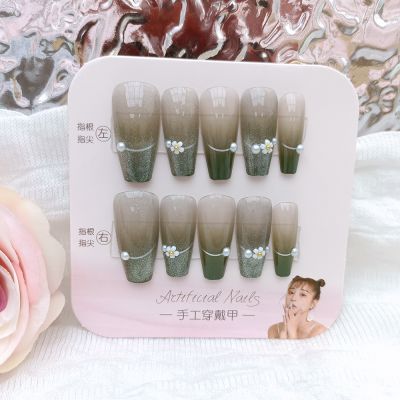 WPR Glam Green Glossy Pearl Medium Ballerina French Hand-made Nails Press On Nailart Acrilics Stick On Nails Artificial Fingernails Factory Wholesale Price Stick On Manicure Fake Nails 5 Size 10 Press-on nails kit 
