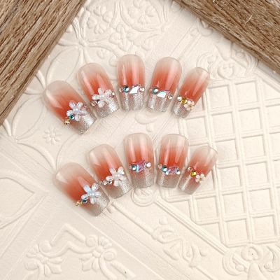 WPR New Medium Ballerina Silver Glitter Flowers Pink Ombre French Drills Nails Long Coffin Luxury Nude Pink Acrylic Nails Long Design Geams Artificial Fingernails Nailart 12 Size 10 Reusable Nails Kit with Nail Glue Package with Custom logo box