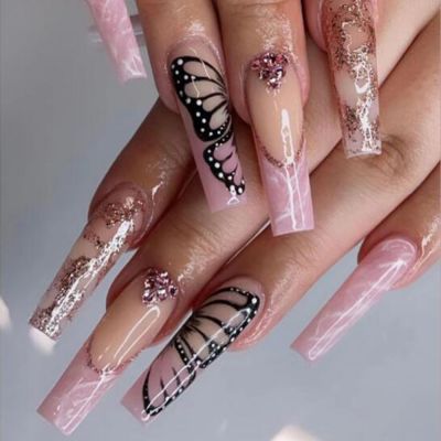 WPR High Quality Pink Glitter Marble French Butterfly Design Rhinestone Coffin Acrylic Press On Nails Diamond Press On Nails Medium Squoval Artificial Fingernails Nailart 10 Size 24 Press on Nails Kit with Nail Glue Package Custom Logo Box
