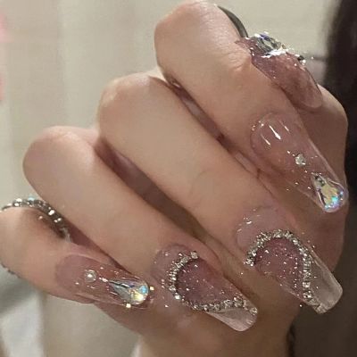 WPR New Hot Sell Glitter Pink Heart Gems French Rhinestone Chrome Coffin Press on nail Tips Press On Nails Design Medium Ballerina French Artificial Fingernails Nailart 10 Size 24 Press on Nails Kit with Nail Glue Package Custom Logo Box