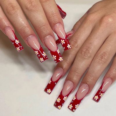 WPR New Factory Wholesale Price Red Daisy Flower French Design Long Coffin Ballerina Acrylic Luxury Press On Nails Design Long Ballerina Luxury Salon Artificial Fingernails Nailart 10 Size 24 Press on Nails Kit with Nail Glue Package Custom Logo Box