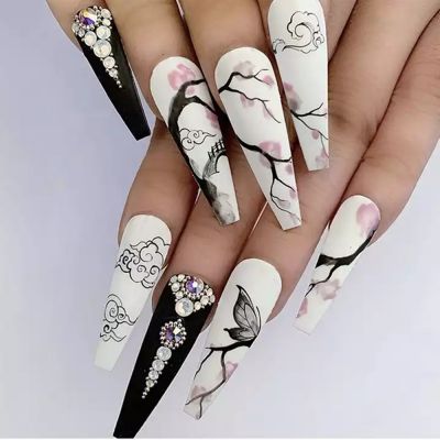WPR Factory Top Sell Black French White Wintersweet Clound Mate Rhinestone Long Ballerina Press on nail Tips Press Ons Design Long Coffin French Acrylic Artificial Fingernails Nailart 10 Size 24 Press on Nails Kit with Nail Glue Package Custom Logo