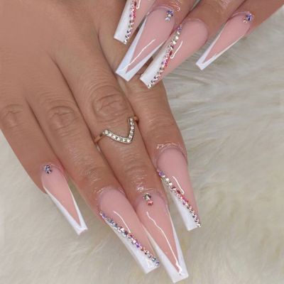 WPR New Hot Sell Pink White French Gems French Rhinestone Gems Chrome Long Coffin Press on nail Tips Press On Nails Design Long Ballerina Luxury Artificial Fingernails Nailart 10 Size 24 Press on Nails Kit with Nail Glue Package Custom Logo Box