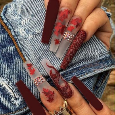 WPR New Luxury GraceWine Red Mate Clear French Maple Leaves Flame Glitter Gems Design Rhinestone Long Ballerina Acrylic Press On Nails Diamond Press Ons Artificial Fingernails Nailart 10 Size 24 Press on Nails Kit with Nail Glue Package Custom Logo
