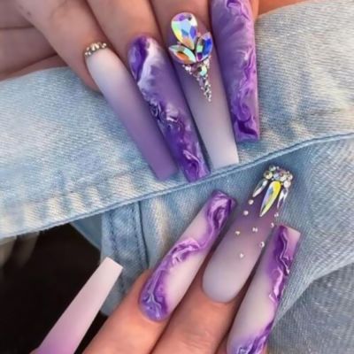 WPR New Hot Factory Luxury Violet Marble OmbreGems Colorful Rhinestone Mate Long Ballerina Press On Nails Design Long Coffin Swirl Artificial Fingernails Nailart 10 Size 24 Press on Nails Kit with Nail Glue Package Custom Logo 