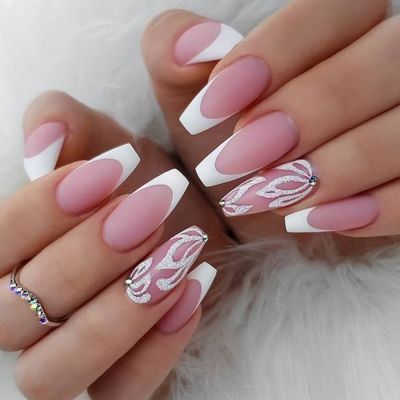 WPR New Fashion Pink Mate White French Flower Gems Design Nude Medium Coffin Press On Nails Diamond Press On Nails Design Medium Coffin Artificial Fingernails Nailart 10 Size 24 Press on Nails Kit with Nail Glue Package Custom Logo Box