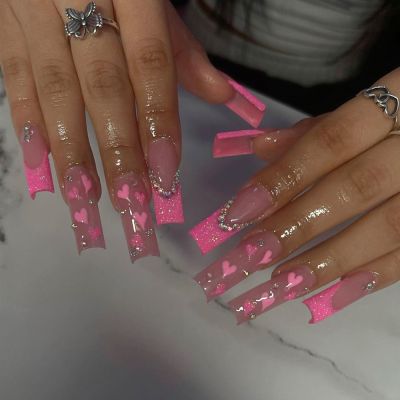 WPR New Hot Pink Glitter French Drill Gems Heart Acrylic Nails Rhinestone Factory Low Price Press On Nails Diamond Press On Nails Design Medium Coffin Artificial Fingernails Nailart 10 Size 24 Press on Nails Kit with Nail Glue Package Custom Logo Box