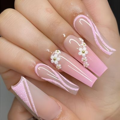 WPR Luxury Hot Sell Pink Long Coffin Glitter Swirl Flower French Design Diamond Press On Nails Design Mate Long Coffin Ballerina Artificial Fingernails Nailart 10 Size 24 Press on Nails Kit with Nail Glue Package Custom Logo Box