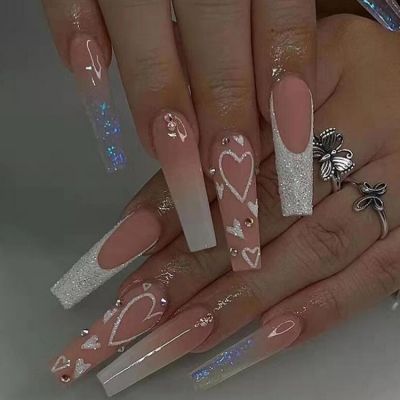 WPR New Charm Factory Nude Pink Ombre Hearts White French Rhinestone Chrome Long Coffin Press on nail Tips Press On Nails Design Long Ballerina French Artificial Fingernails Nailart 10 Size 24 Press on Nails Kit with Nail Glue Package Custom Logo Box