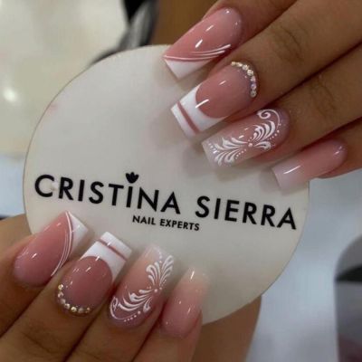 WPR New Fashion Factory Nude Pink White French Flower Gems Chrome Medium Coffin Press on nail Tips Press On Nails Design Medium Ballerina Luxury Artificial Fingernails Nailart 10 Size 24 Press on Nails Kit with Nail Glue Package Custom Logo Box