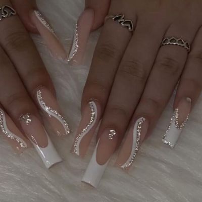 WPR Top Sell Pink White Glitter Gold Swirl French Rhinestone Gems Chrome Long Ballerina Press On Nails Design Long Coffin Luxury Artificial Fingernails Nailart 10 Size 24 Press on Nails Kit with Nail Glue Package Custom Logo Box