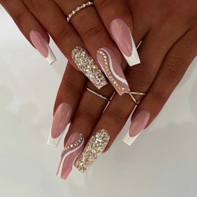 WPR New Glam Luxury Pink White French Silver Swirl Glitter Rhinestone Chrome Long Coffin Press ons Press On Nails Design Long Ballerina French Artificial Fingernails Nailart 10 Size 24 Press on Nails Kit with Nail Glue Package Custom Logo Box