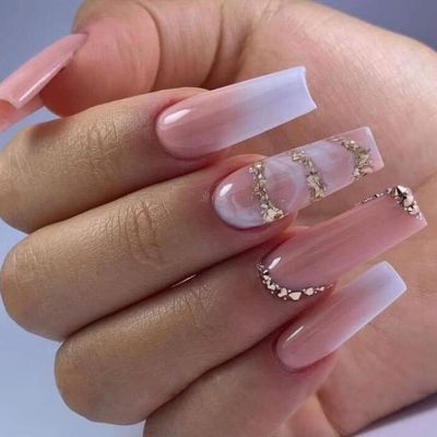 WPR New Pink White Ombre Marble Glitter French Rhinestone Chrome Long Coffin Press On Nails Design Long Ballerina Luxury Artificial Fingernails Nailart 10 Size 24 Press on Nails Kit with Nail Glue Stickers Package Custom Logo Box