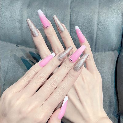 WPR Factory Supply Pink White Ombre French Gold Glitter Rhinestone Chrome Long Coffin Press on nail Tips Press On Nails Design Long Ballerina Gel Artificial Fingernails Nailart 10 Size 24 Press on Nails Kit with Nail Glue Package Custom Logo Box